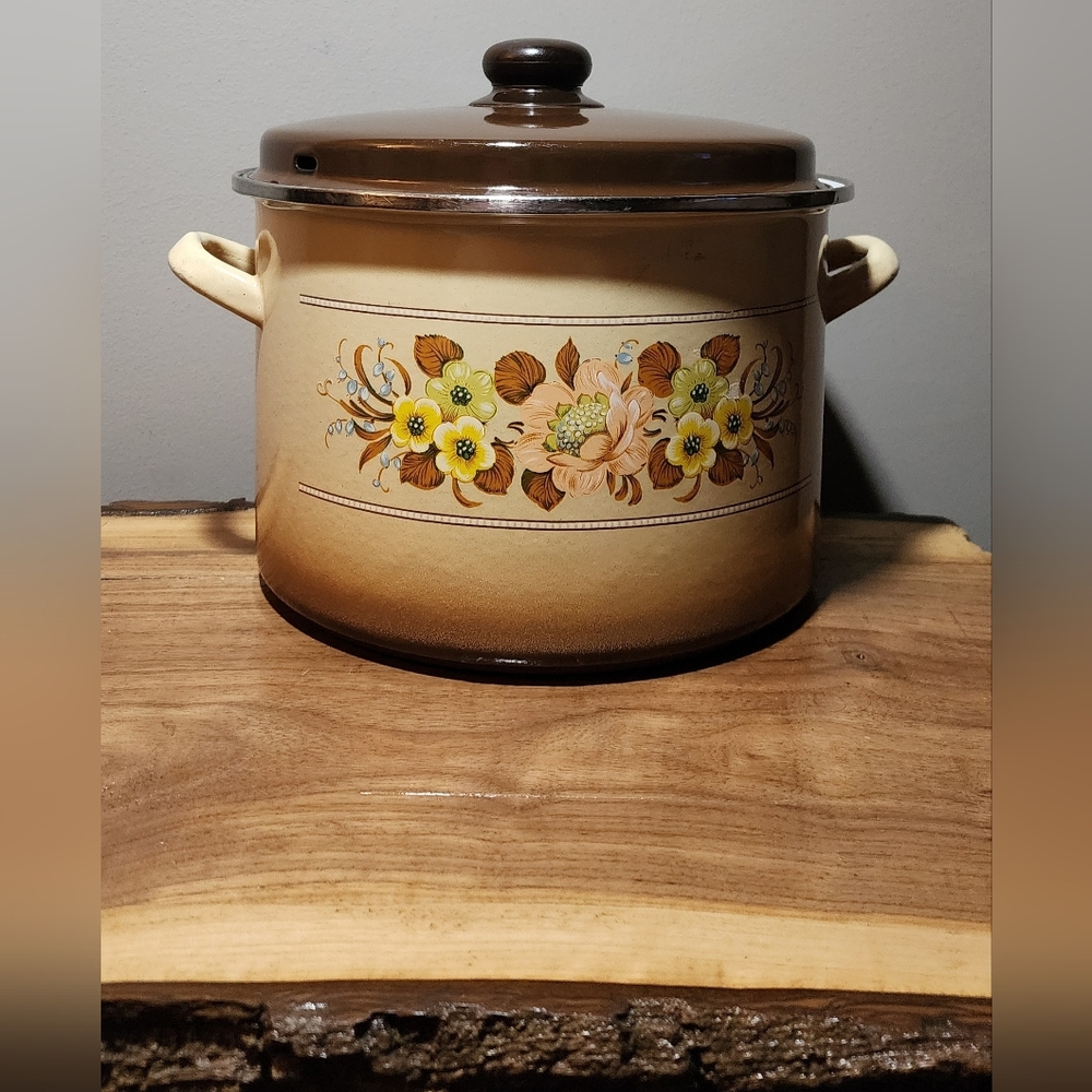 Vintage Mid-Century Modern (MCM) Enamel Floral Stock Pot with Lid Retro Kitchen